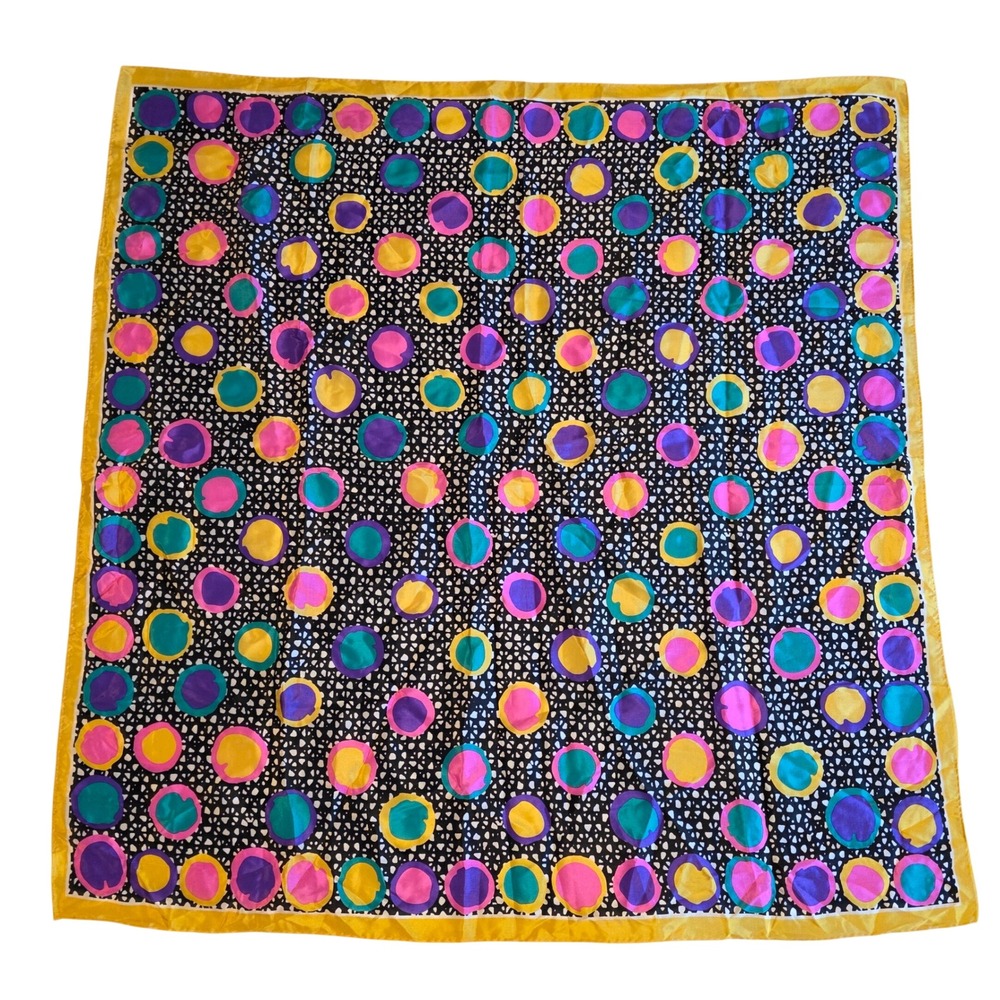 Vintage 80s 90s Memphis Polka Dot Silk Scarf Abstract Neon Yellow Border 30x30